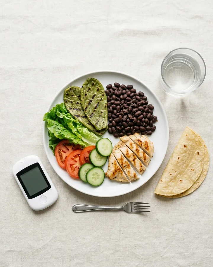 Plato con nopales, verduras, frijoles y pollo, tortillas y un glucómetro a un lado.