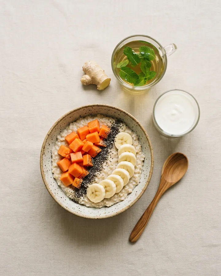 Avena con papaya y chía, té de menta, jengibre y un vaso de yogur.